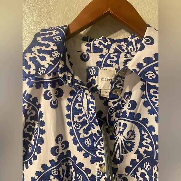 NWT Anthropologie Maeve The Soren in Navy White Medallion Print Shirt Dress 1X - Picture 5 of 10